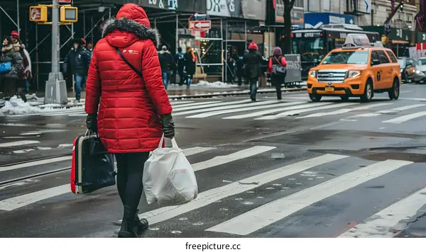 Woman in Red Jacket Crossing Street in New York City