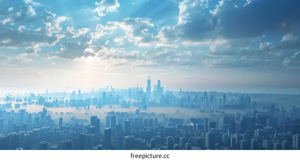 Aerial View of a City Skyline with Sunlight