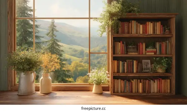 Rustic Wooden Bookshelf by the Window with Mountain View