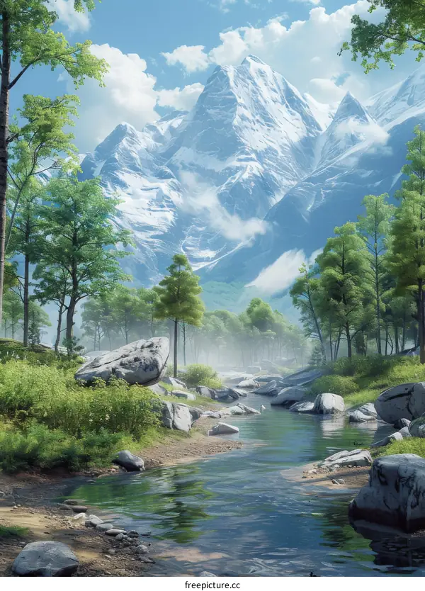 A stunning landscape with a majestic mountain, serene river, and lush trees