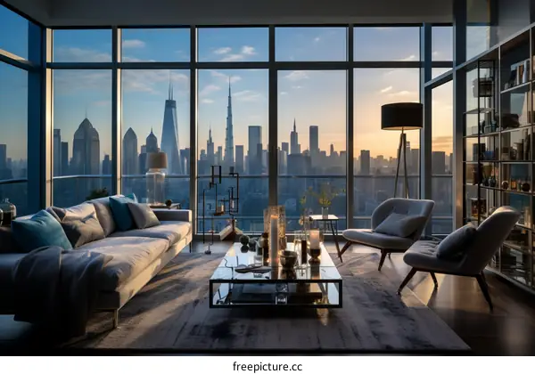 A modern living room with a view of the city