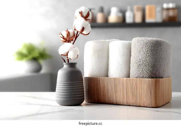 Cotton Bouquet and Rolled Towels in Wooden Basket