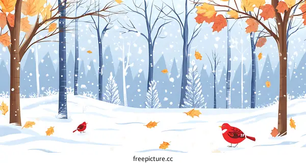 Winter Forest Landscape with Two Red Birds Illustration