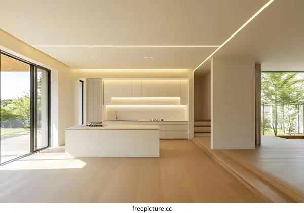 Modern Kitchen Interior Design with White Cabinets and Wooden Floors