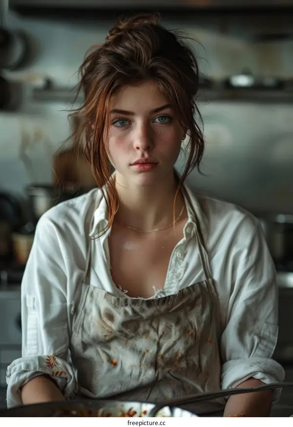 Portrait of a young woman in a white shirt and apron