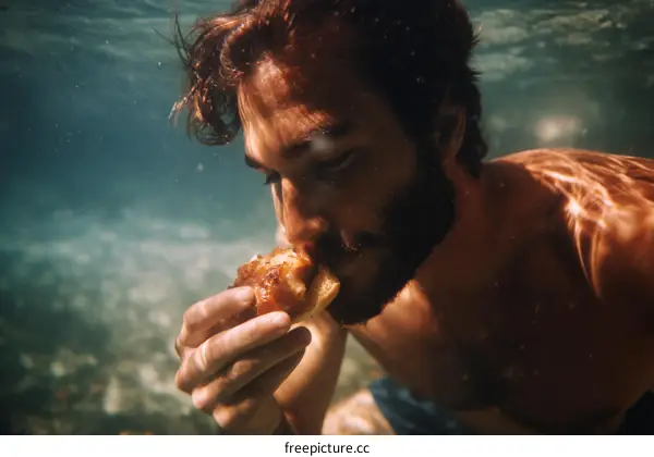 Man Underwater Eating Bread Underwater