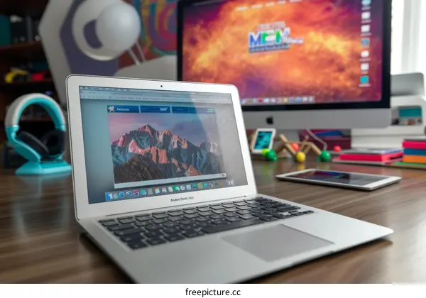Modern Desk Setup with Laptop, Keyboard, Mouse, and Tablet