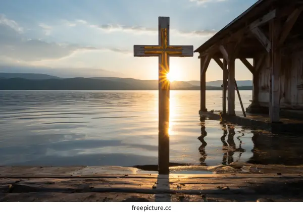The cross in the lake at sunset