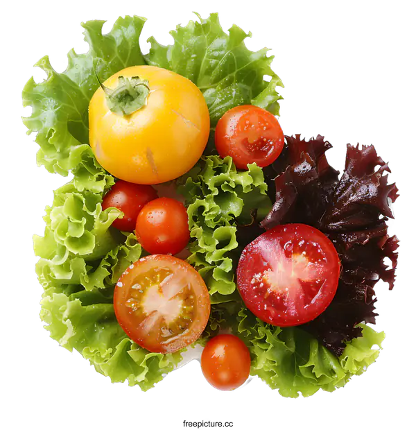 [Transparent Background PNG]Fresh Green Salad with Red and Yellow Tomatoes