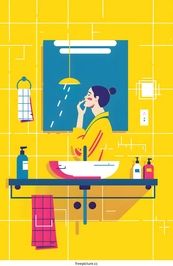 Woman Applying Facial Mask in Bathroom with Yellow Tiles