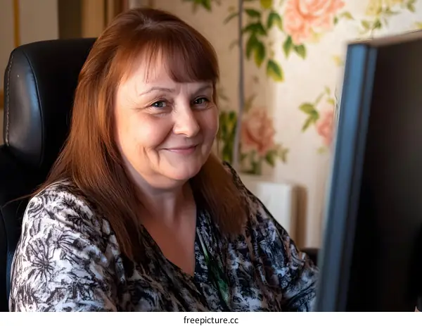 Smiling Woman Sitting in a Chair Using Computer