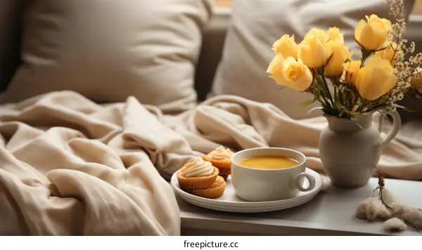 Still life with yellow roses, tea and cupcakes