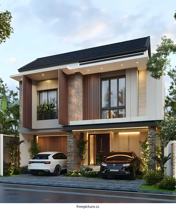 Modern Two Story House with Garage and Green Plants