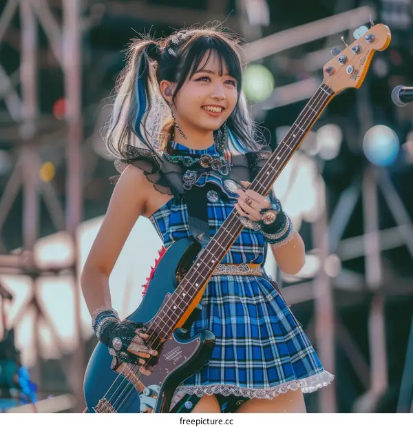 A smiling woman playing a bass guitar on stage