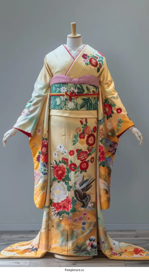 A woman wearing a kimono with a floral pattern