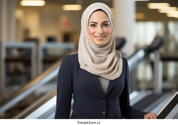 A young woman in a hijab is smiling at the camera.