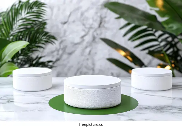 White Round Display Boxes on Marble Table with Greenery Background