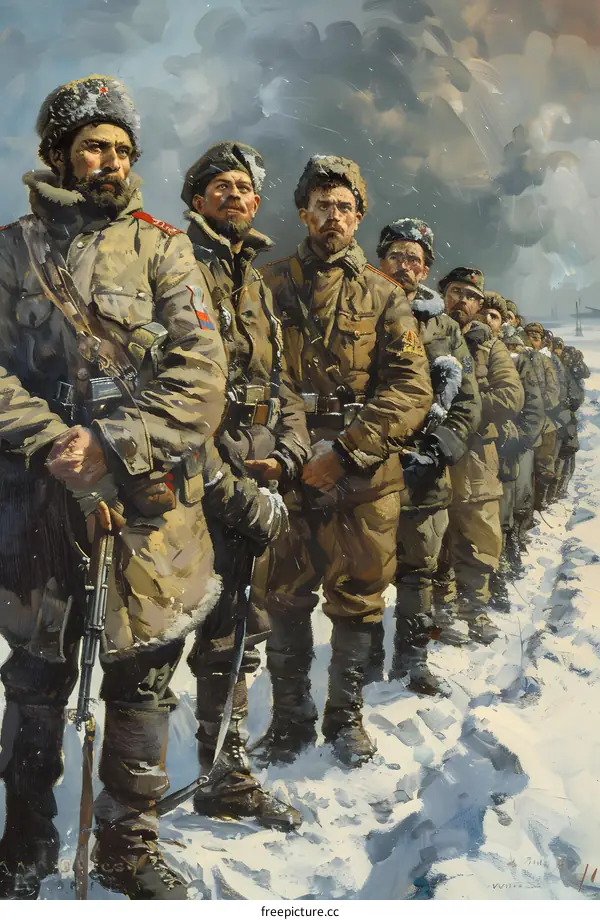 A group of soldiers in winter gear standing in a snowy field.
