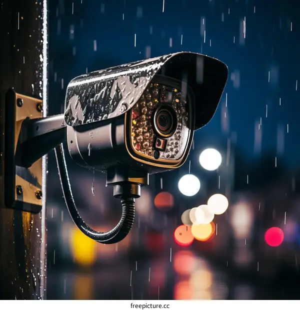 A security camera mounted on a wall in the rain.