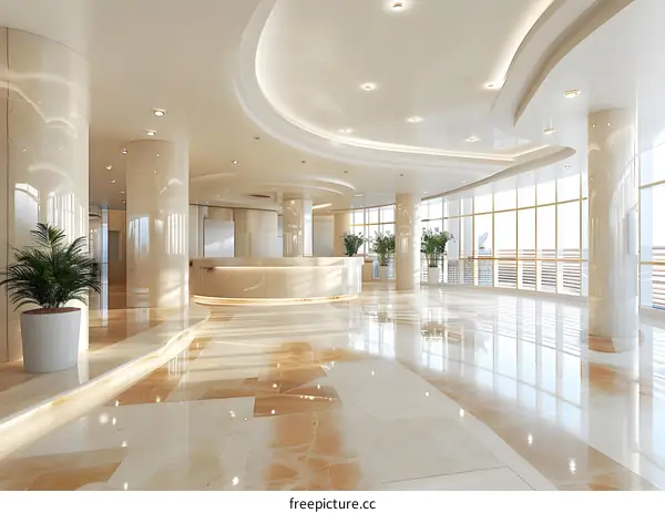 Modern office interior with marble floor and large windows