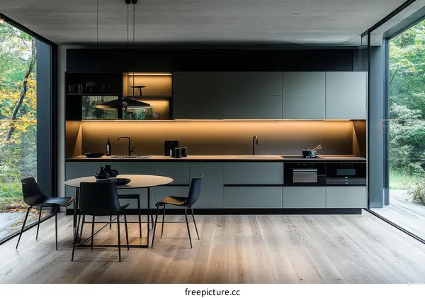 Modern Kitchen with Large Windows and Wood Flooring