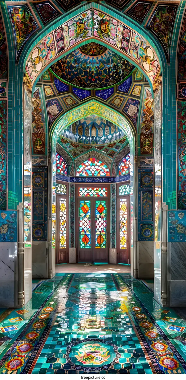 Islamic Architecture Interior with Colorful Mosaic Tiles and Stained Glass Windows