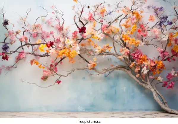 Colorful flowers hanging from tree branches