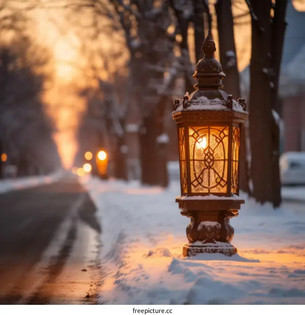 Vintage street lamp covered with snow in winter