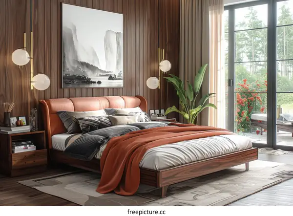 Modern Bedroom Interior with Wooden Bed