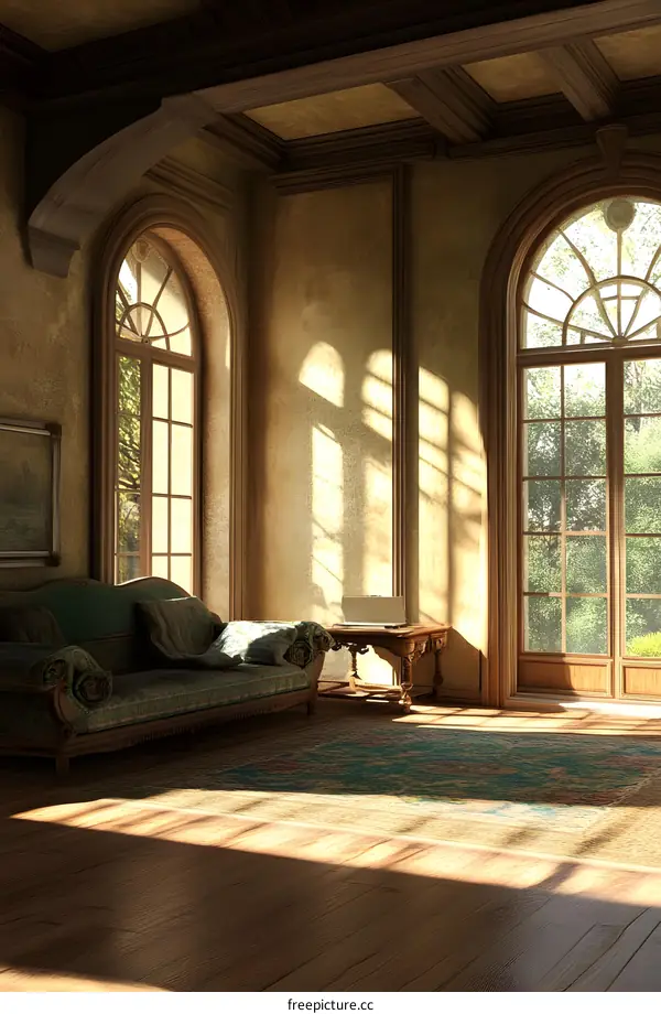 Vintage Living Room with Large Windows and Sunbeams