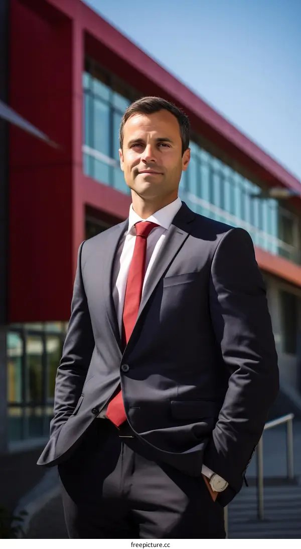 A man in a suit standing in front of a building