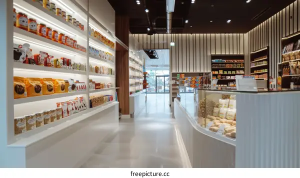 Grocery store interior with shelves stocked full of various food items