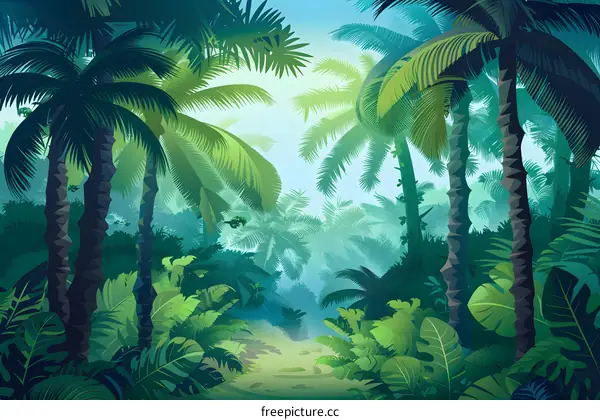 Tropical Rainforest Jungle Landscape With Palm Trees