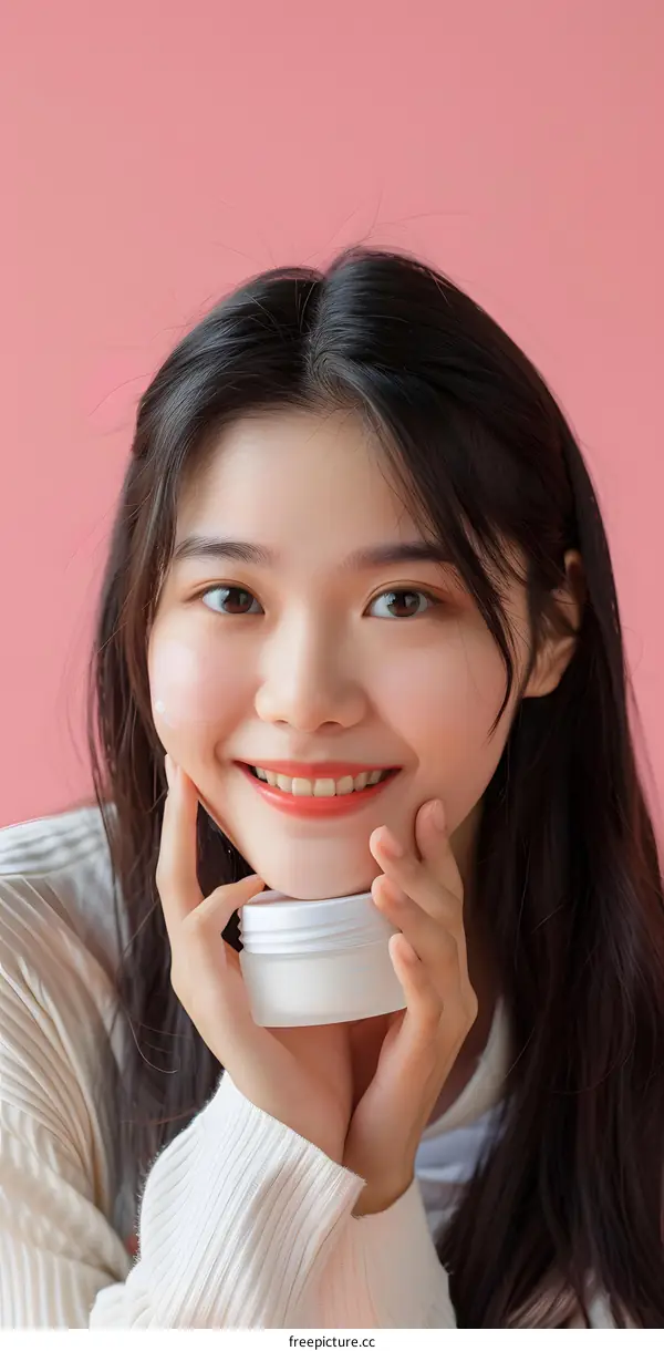 Happy Asian Woman Holding a Jar of Moisturizer
