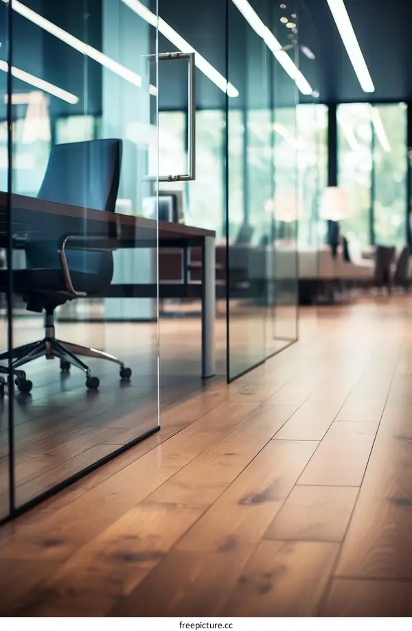 Office interior with glass walls and wooden floor