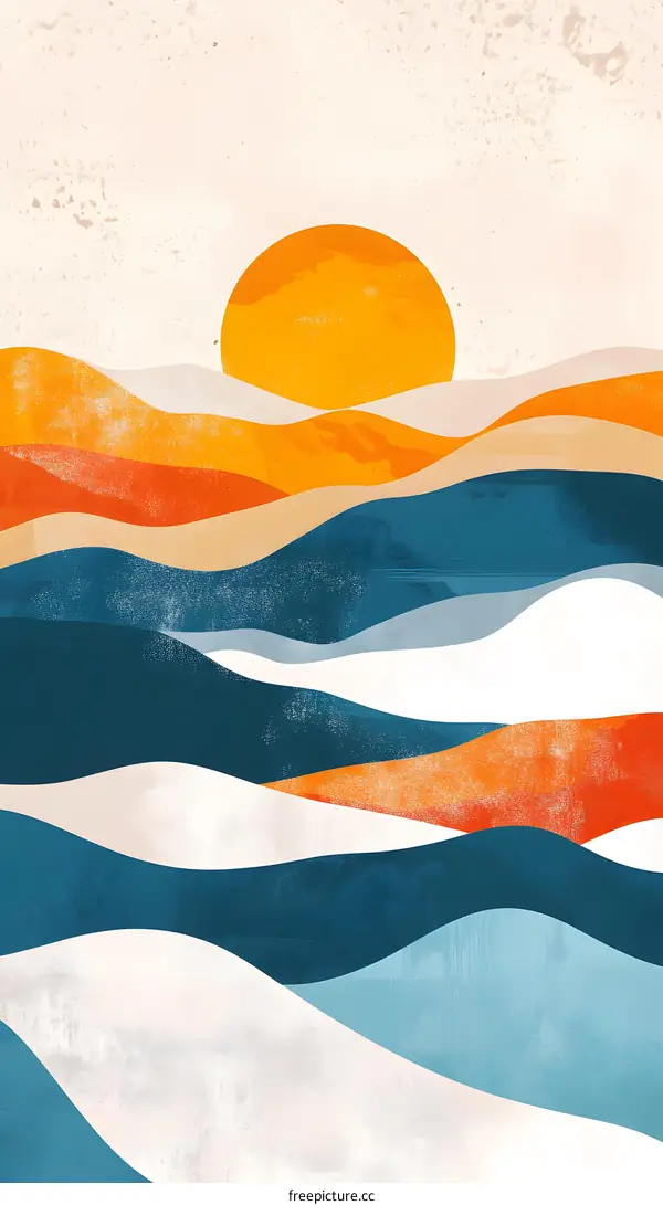 Abstract Landscape Sunset Illustration with Wavy Lines