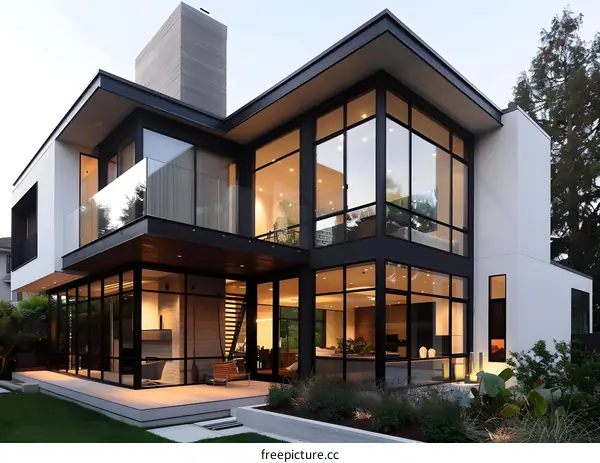 Modern Glass House Exterior Design With Black Frames