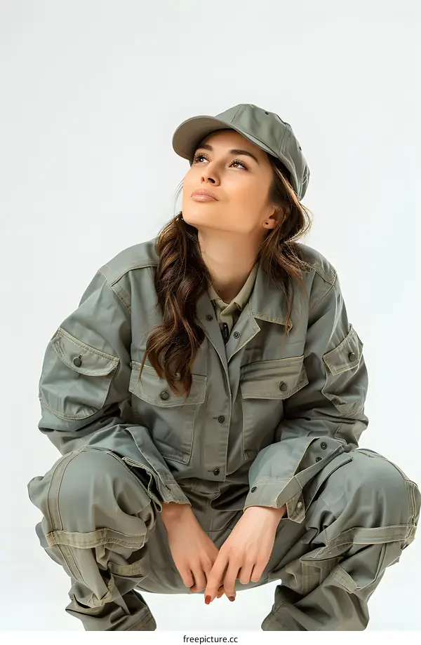 Woman in green workwear crouching on white background