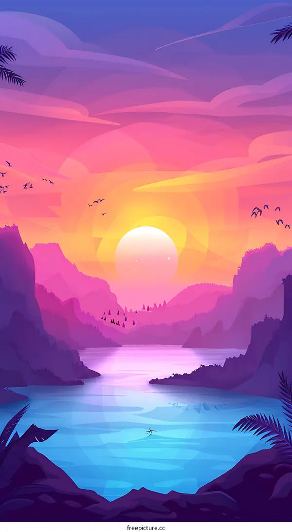 Vibrant Sunset Landscape with Mountains and a Lake