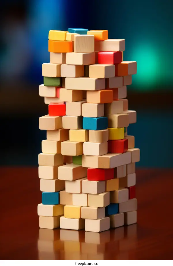 Colorful wooden blocks stacked up in a tower
