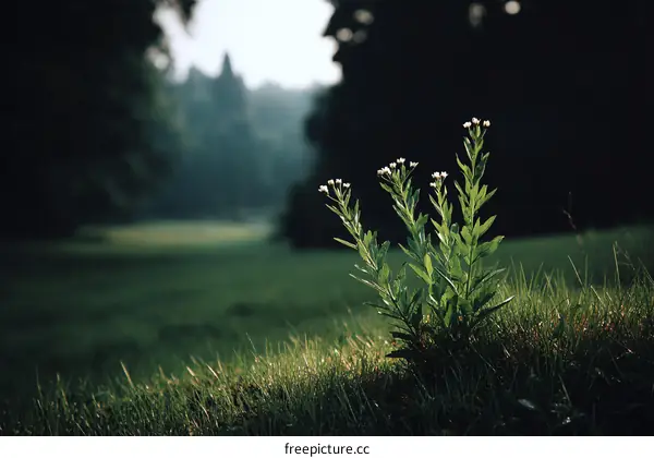 Small Plant with White Flowers in Meadow