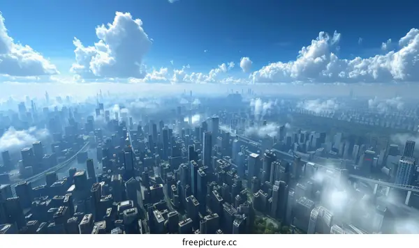 Aerial View of a Modern City with Skyscrapers and River