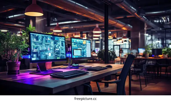 Modern Office Desk Setup with Computer and Plants