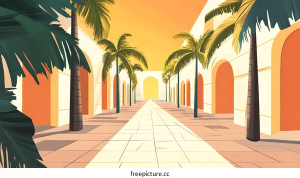 Palm Trees Lined Up On A Walkway With Arches