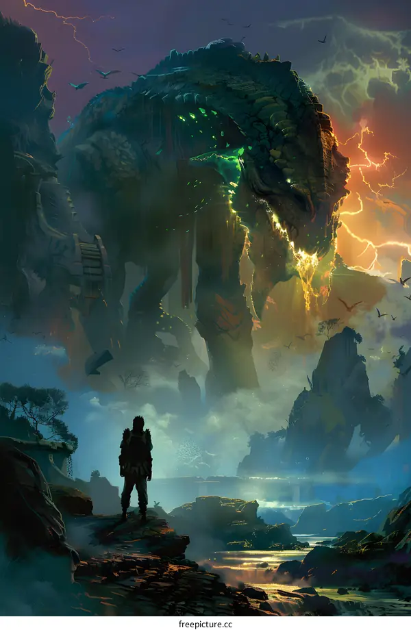 Fantasy Landscape with a Giant Monster and a Man