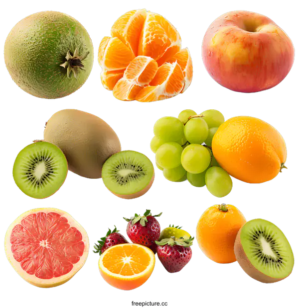 [Transparent Background PNG]Fresh Fruit Collage - Kiwi, Grape, Apple, Orange, Tangerine, Strawberry, Grapefruit