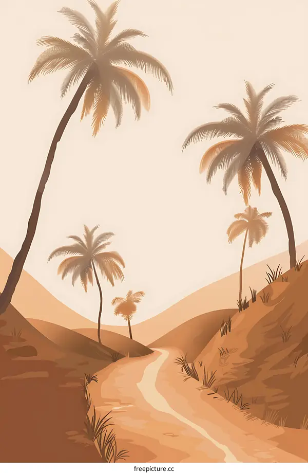 Desert Landscape With Palm Trees And A Road
