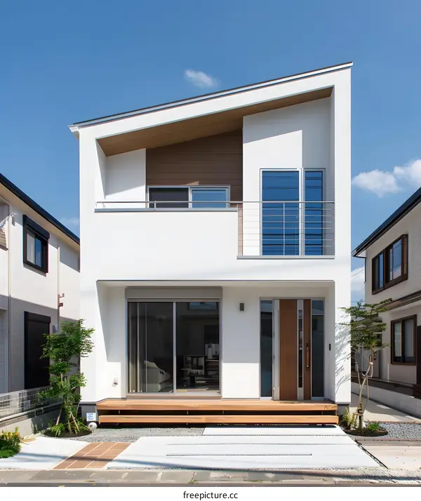 Modern White Two Story House with Wooden Balcony