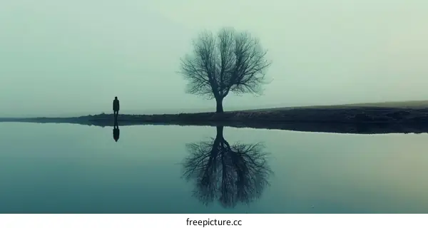 Man standing alone in front of a body of water with a tree in the middle