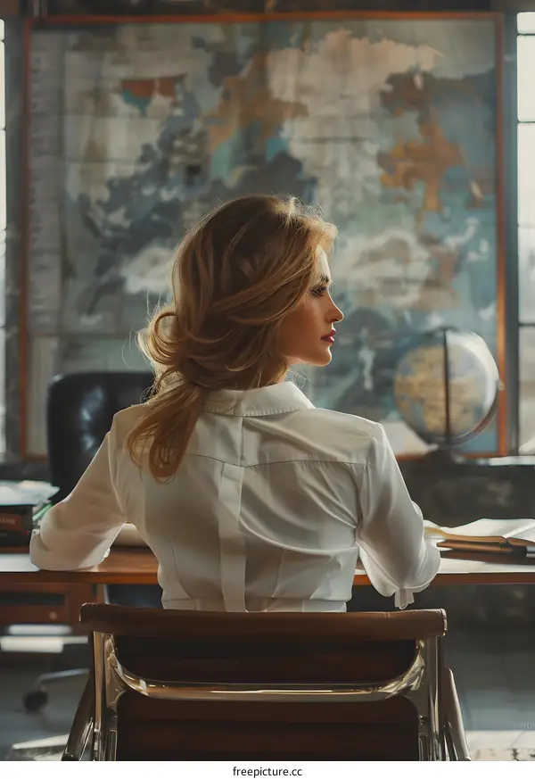 portrait of a blonde woman sitting in a chair in front of a world map